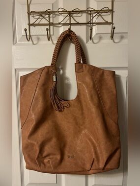 Braided Handle Tan Tote with Tassel Accent